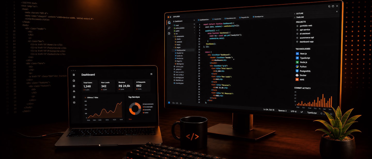 Ein Laptop und ein Monitor, die Softwarecode und Geschäfts-Dashboards anzeigen.